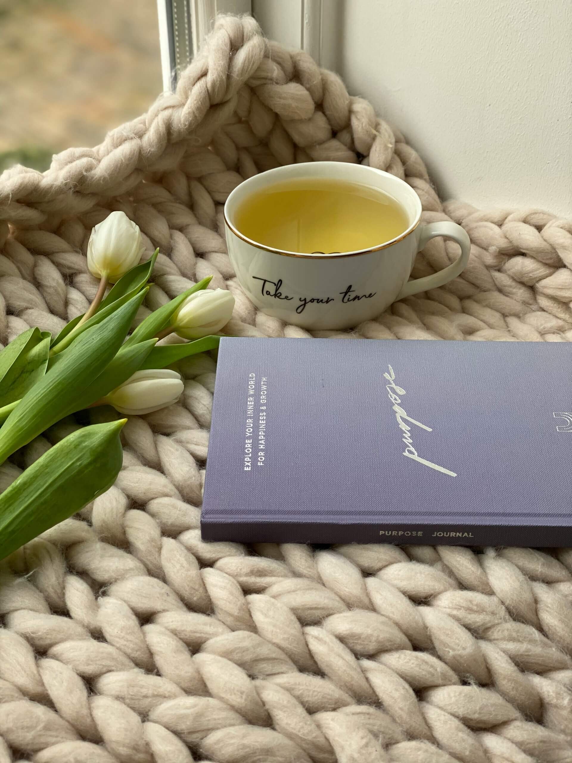 Nervous System Regulation & Emotional Recovery Journal and tea representing nervous system regulation, self-reflection, boundaries, and emotional wellbeing during recovery from anxiety and people pleasing.