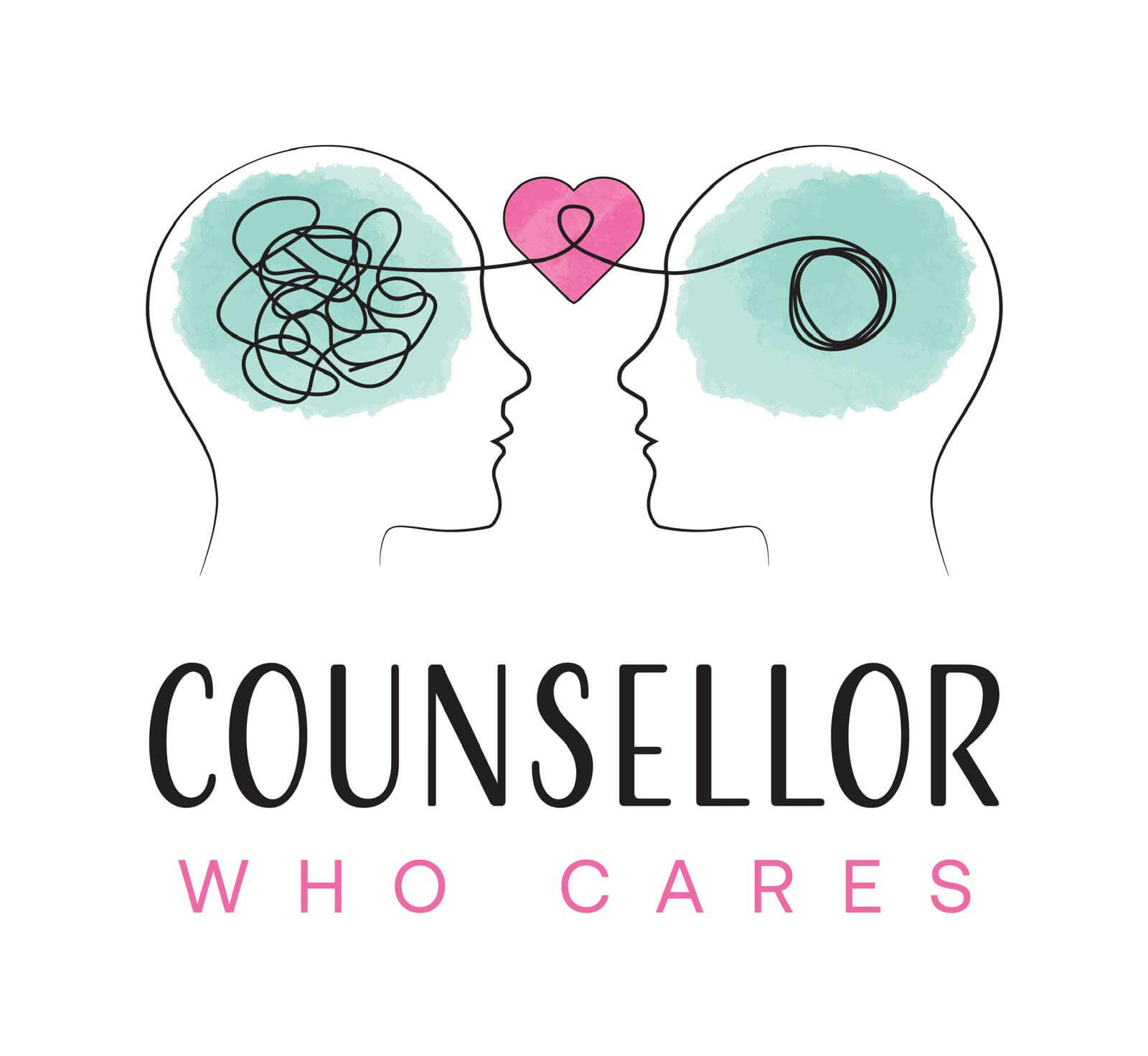 Counsellor Who Cares Logo Counsellor Who Cares logo featuring two connected profiles and a heart, representing compassionate counselling.